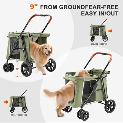 Medium Dog Stroller, Dual Entry One-Touch Folding,Small and Medium Pet Stroller,360° Rotating Front Wheels,80 lbs Weight Capacity for Outdoor Travel and Elderly Dogs - Green