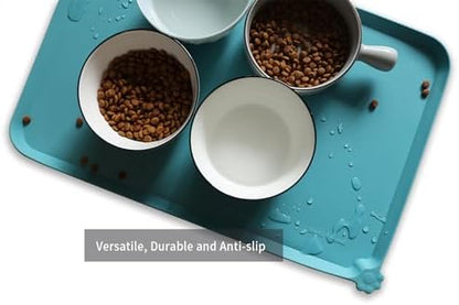 Hoki Found L Silicone Pet Food Mats Tray - Non Slip Pet Dog Cat Bowl Mats Placemat - Dog Pet Cat Feeding Mat - Waterproof Dog Cat Food Mats -Pet Water Mats for Carpet -Glacier