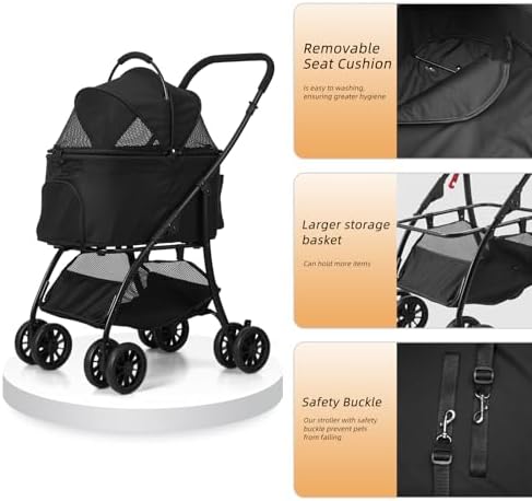 Pet Stroller Quickly Folds for Easy Storage Cat Stroller with Detachable Carrier Thickened Oxford Cloth Breathable Basket Dog Strollers for Small Dogs (Black)