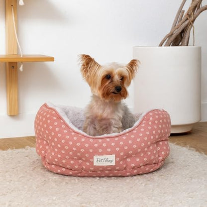Fringe Studio Ditsy Block Dark Bush 20" W x 19" D x 8" H Small Round Cuddler Cat/Pet Bed 100% Cotton Canvas Exterior w/Faux Fur Interior, Machine Washable, PetShop Collection (203017)