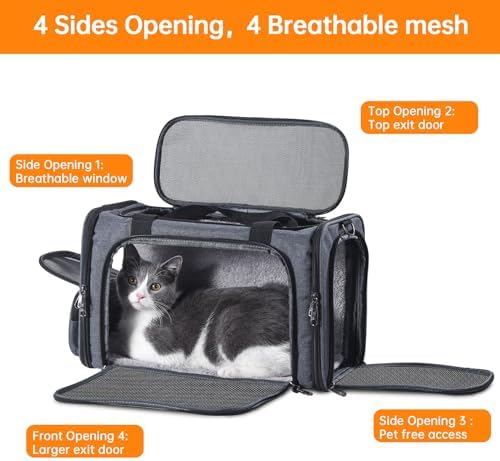 Cat Carrier Pet Travel Carrier by Airplane Approved Under seat, TSA Airline Approved Soft-Sided Dogs Carrier Bag for cat,Dogs,17.5 x 8.5 x 11 inches,Grey
