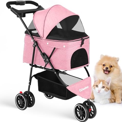 Pet Stroller,Dog Stroller for Small Medium Dogs Cats,3 Wheels,Pink