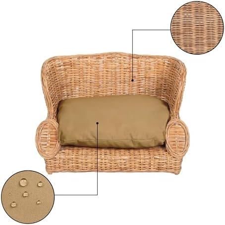 DBD1004B Handwoven Water Hyacinth Pet Daybed with Machine-Washable Cushion, 27.5" x 18" Wicker Sofa for Small to Medium Dogs and Cats, Vintage Style Elevated Pet Bed, Light Brown