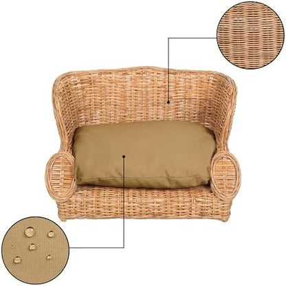 DBD1004B Handwoven Water Hyacinth Pet Daybed with Machine-Washable Cushion, 27.5" x 18" Wicker Sofa for Small to Medium Dogs and Cats, Vintage Style Elevated Pet Bed, Light Brown