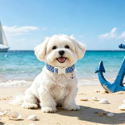 Lionet Paws Blue Dog Collar Summer Anchor Collars with Cute Anchores Pattern Pendant - Male Boy Dog Collar for Small Medium Dogs XS