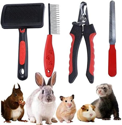 Rabbit Professional Nail Clippers Grooming Kit with Pet Shedding Slicker Brush, Pet Grooming Comb, Nail Clipper Trimmer for Rabbit, Puppy, Kitten, Guinea Pig, Hamster, Ferret (4PCS)