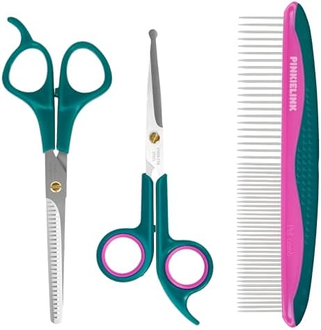 Professional Pet Grooming Kit, Stainless Steel Dog & Cat Grooming Shears with Rounded Tip Blades for Safe Fur Trimming, Thinning Shears, Straight Scissors, and Pet Comb (Set of 3)