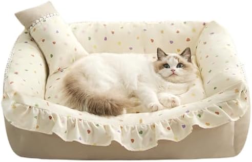Jiupety Cat Bed for Indoor Cats Dog Beds for Small Dogs Removable Washable Small Dog Beds Pet Beds with Slip-Resistant Bottom Ruffled Puppy Beds with Pillow,Beige 24"x20"