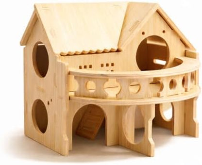 Improved Safety Large Balcony Small & Cute Wooden Hamster House with Large Balcony – Double-Decker Forest-Style Hut for Dwarf Hamsters, Mice, Gerbils, Rats & Small Pets (Compact Size Only)