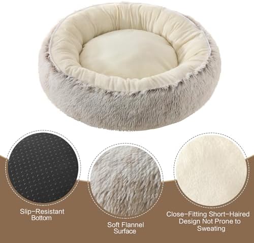 Calming Donut Pet Bed, Fluffy Long Fur Outer & Short Fur Inner, Sweat-Free & Cozy, Non-Slip Bottom, for Small Medium Dogs, Cats, Puppies & Kittens (Brown, 23.6 in)