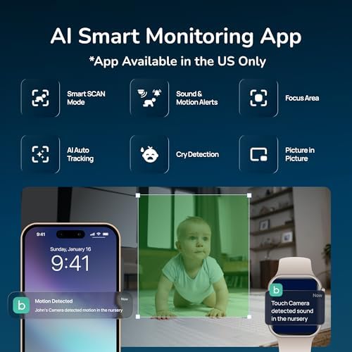 Babysense Touch 7" Touchscreen Smart WiFi Baby Monitor with App, Camera and Audio, Night Light, 4MP Dual-Lens with 6X Zoom, AI Auto Tracking, Focus Area, Split-Screen, VOX/ECO Mode, No Subscription