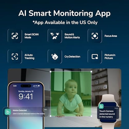 Babysense Touch 7" Touchscreen Smart WiFi Baby Monitor with App, Camera and Audio, Night Light, 4MP Dual-Lens with 6X Zoom, AI Auto Tracking, Focus Area, Split-Screen, VOX/ECO Mode, No Subscription