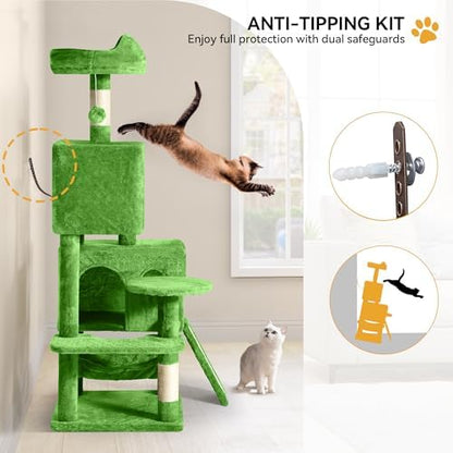 YITAHOME 54in Cat Tree Tower Condo, Multi-Level with Sisal Scratching Post, Cat Condos, Plush Top Perches, Hammock, Space Saving Cat Condo, Dangling Ball, Pet Play House,Pet Gift, Green