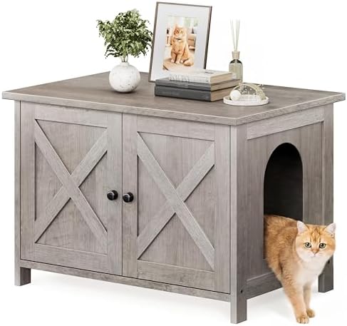 Shintenchi Cat Litter Box Enclosure, Litter Box Furniture Cabinet Hidden with Removable Divider, Wooden Cat House with End Table, Grey, 31.5 inch