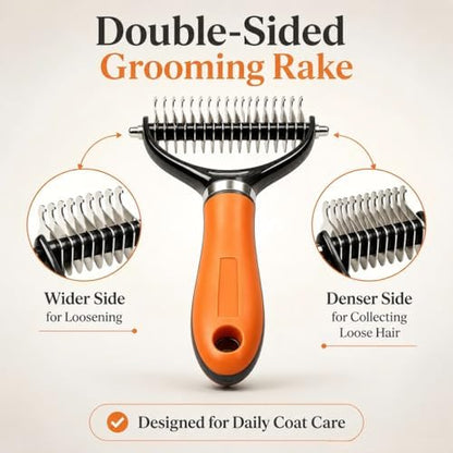 Double Sided Pet Grooming Rake, Extra Wide Deshedding Brush for Dogs Cats, Professional Long Hair Pet Shedding Comb Effectively Reduces Loose Hair (orange color)