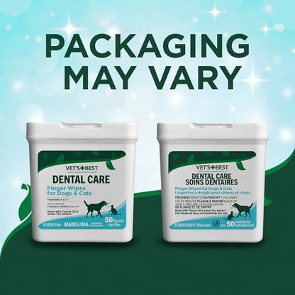 Vet's Best Finger Dental Wipes for Dogs & Cats–Oral Care Wipes for Teeth Cleaning, Fresh Breath, and Tartar Control – Gentle Finger Pads for Pet Dental Hygiene and Plaque Removal,50 Count(Pack of 2)