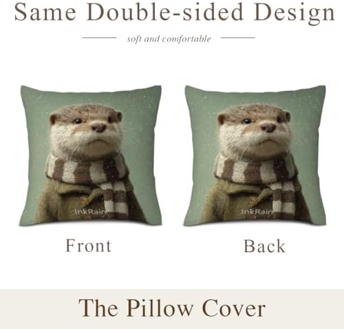 InkRain Winter Animal Cute Otter Pillow Cover 12x12 Inch Set of 2 Home Decor Decorative Cotton Linen Illustration Pillowcases for Living Room House Sofa
