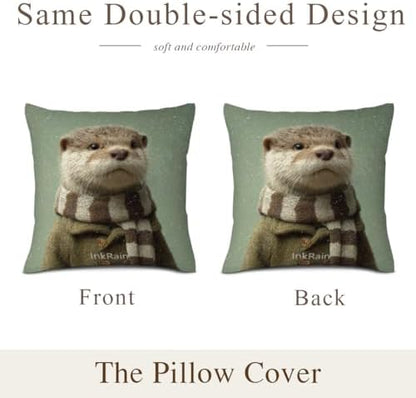 InkRain Winter Animal Cute Otter Pillow Cover 14x14 Inch Set of 2 Home Decor Decorative Cotton Linen Illustration Pillowcases for Living Room House Sofa