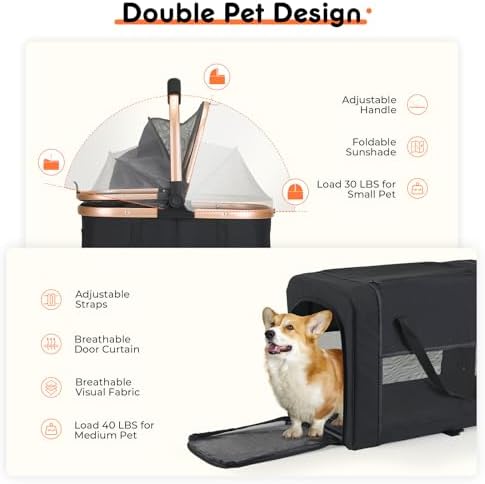 Double Pet Stroller for Small Medium Dogs - 4 In1 Dog Stroller for 2 Pets, Detachable and Foldable with 360°Rotating Wheels, Easy Assembly and Compact Size (Black)
