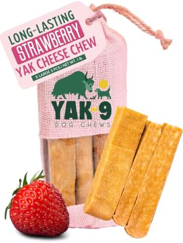 Yak9 Himalayan Yak Cheese Chews for Dogs, Strawberry | High Protein, Non Rawhide Dog Chews | Non GMO, Gluten Free, Grain Free Yak Milk Dog Chew | Extra Large 6oz (Breeds 50-75 LBS), Strawberry, 3 PC
