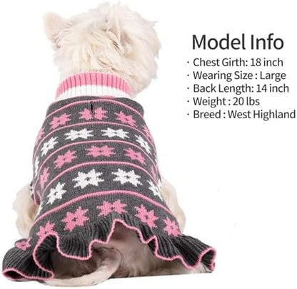 KYEESE Dog Sweater Warm Dogs Clothes Fall Winter Pet Coats Dog Sweater Dress with Classic Snowflake Pattern for Small Dogs Turtleneck Pullover Knit for Girl Pet Sweater with Leash Hole, Grey, Medium