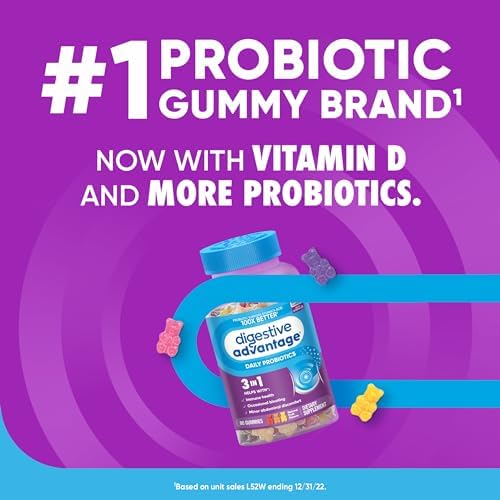 Digestive Advantage Probiotics For Digestive Health, Probiotic Gummies & Vit D, Daily Probiotics For Women &Men Occasional Bloating, Minor Abdominal Discomfort & Gut Health, 80ct Natural Fruit Flavors