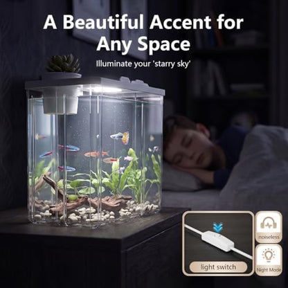 2 Gallon Betta Fish Tank Aquarium Starter Kit with Light and Lid(White)