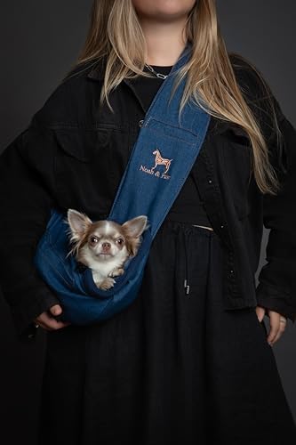 Noah & Paw Dog Sling Carrier for Small Dogs 3-10lb, Dog Sling for Small Dogs and Cats, Dog Carrier with Adjustable Padded Strap, Vegan Denim Lined with Fur, 3X Safety Features, Machine Washable
