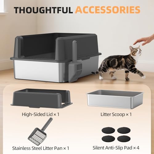Stainless Steel Cat Litter Box, XXL High Sided Open Top Litter Pan, 1 Scoop