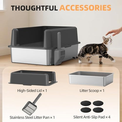 Stainless Steel Cat Litter Box, XXL High Sided Open Top Litter Pan, 1 Scoop