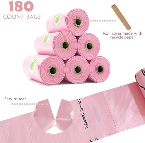 180 Dog Poop Bags Lavender Scented –Leak Proof, Easy Tear, 9"x13" Standard Size – Durable for Large/Small Dogs, Fits Most Dispensers (12 Rolls, Pink)