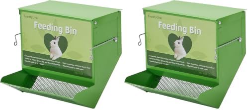 Metal Small Animal Feeder with Lid, Heavy Duty, Large Capacity Food Dispenser, Great for Rabbits, Guinea Pigs, Chinchillas and Other Small Animals (7.4 inch, Green) (Pack of 2)
