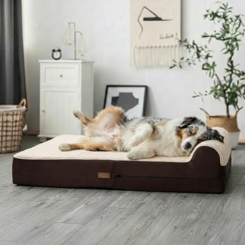 5.5 Inch Thick High Grade Orthopedic Memory Foam Dog Bed with Pillow and Easy to Wash Removable Cover with Anti-Slip Bottom. Free Waterproof Liner Included - for Medium and Large Dogs - Plush Brown