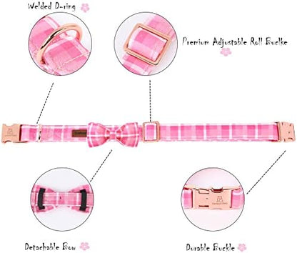 Lionheart glory Pink Plaid Dog Collar, Adjustable Dog Collar with Bowtie, Pet Gift Girl Collar for Dog Soft Bowtie Dog Collars for X-Large Dogs