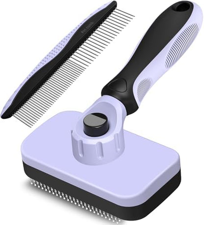 2PCS Self Cleaning Slicker Brush & Dog Comb - Skin Friendly Deshedding Grooming Tool for Dogs, Cats and Small Animals, Professional Deshedding Tool for Long and Short Haired Pets (Light Purple)