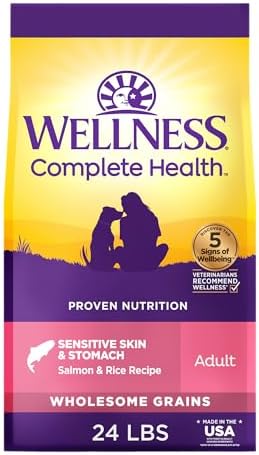 Wellness Complete Health Sensitive Skin and Stomach Dry Dog Food, Wholesome Grain Kibble, Natural, Chicken Free, Salmon and Rice Recipe, 24 lb Bag