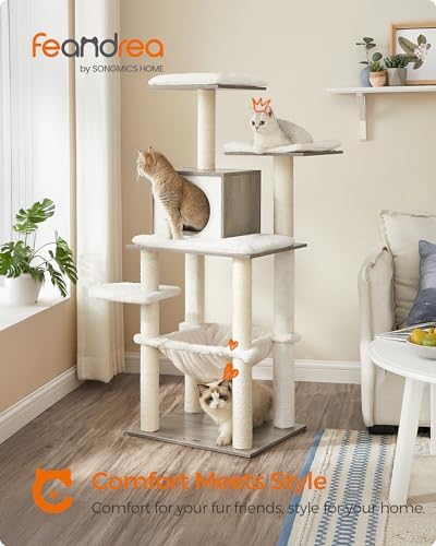 Feandrea Cat Tree, 56.3-Inch Contemporary Cat Tower, Multi-Level Condo