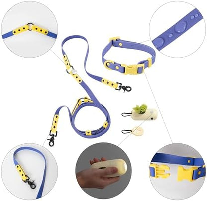 WLK1004C-5SET Luna Small 8FT Adjustable 6-in-1 Waterproof Hands-Free Leash and Collar with LED Flashlight, Bag Dispenser, and Poop Bag Holder, Curaçao