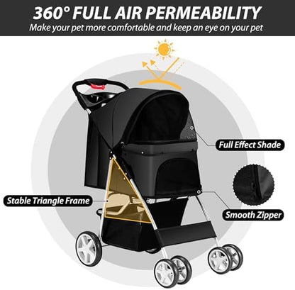 Unisakey Foldable 4-Wheel Pet Stroller for Dogs Cats 10-33lbs, Black