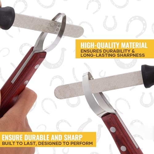 Hoof Knife with Sharpener, 2 PCS Professional Farrier Kit, Curved Stainless Steel Trimming Knife & 400/800 Grit Diamond Rod, Ergonomic Wood Handle, Rust-Resistant for Horses, Cattle