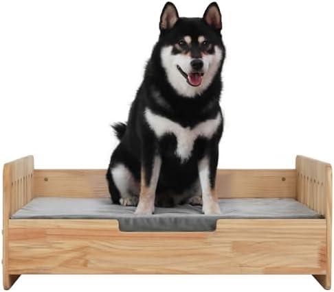 Elevated Dog Bed for Small to Medium Dogs – 32” x 21” Indoor Wooden Pet Sofa with Soft Cushion, Mid-Century Modern Style, Sturdy & Stylish (Natural)