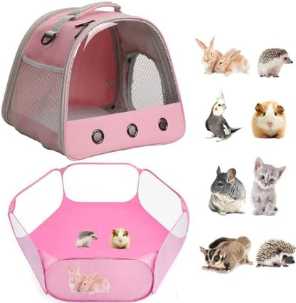 2-Pack Guinea Pig Carrier and Playpen Set - Breathable Pet Playpen Pop Open Outdoor/Indoor Exercise Fence, Portable Small Animal Backpack for Bearded Dragon, Rabbits, Hamster, Chinchillas