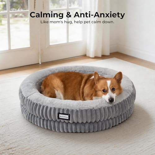BALANCE Donut Dog Bed, 30 Inches Round Dog Bed Medium Size Dogs Washable, Orthopedic Calming Dogs Beds for Kitten, Fluffy Plush Faux Fur Pet Bed with Anti-Slip Bottom