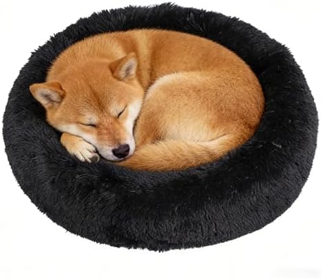 Calming Donut Dog Bed Medium Size Dog - Washable Removable Cover Non-Slip Bottom, Round Pet Bed Cat Bed Warming Fluffy Plush Faux Fur Anti-Anxiety, Fits up to 45 lbs (Black, 30")