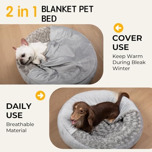 Cave Dog Bed with Blanket Easy to Assemble Donut Round Plush Cozy Cat Pet Bed for Puppy Machine Washable Removable Cover Cat Anti-Slip Bottom Gray 26X26X8 inch
