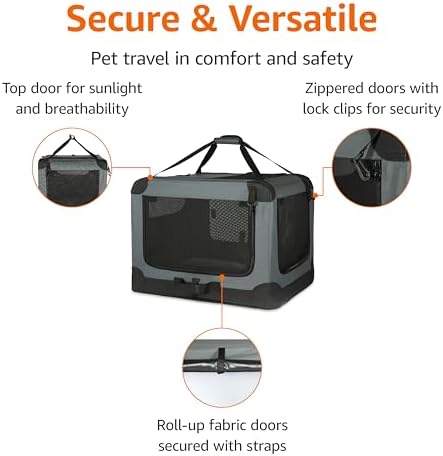 Amazon Basics 4-Door Portable Folding Soft Dog Crate, Collapsible Travel Kennel for Cat, Dog, and Other Small Animals, Pop Up with Easy Transportation, Grey, M 30" x 21" x 21"