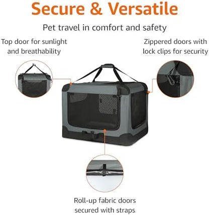 Amazon Basics 4-Door Portable Folding Soft Dog Crate, Collapsible Travel Kennel for Cat, Dog, and Other Small Animals, Pop Up with Easy Transportation, Grey, M 30" x 21" x 21"