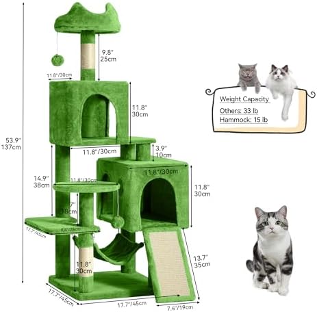 YITAHOME 54in Cat Tree Tower Condo, Multi-Level with Sisal Scratching Post, Cat Condos, Plush Top Perches, Hammock, Space Saving Cat Condo, Dangling Ball, Pet Play House,Pet Gift, Green
