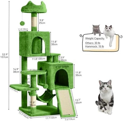YITAHOME 54in Cat Tree Tower Condo, Multi-Level with Sisal Scratching Post, Cat Condos, Plush Top Perches, Hammock, Space Saving Cat Condo, Dangling Ball, Pet Play House,Pet Gift, Green