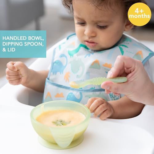 Bumkins Baby Bowl, Silicone Feeding Set with Suction for Baby and Toddler, Includes Spoon and Lid, First Feeding Set, Training Essentials for Baby Led Weaning for Babies 4 Months Up, Green Jelly